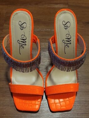 So Me Bright Orange Rhinestone Strap Slide Heels